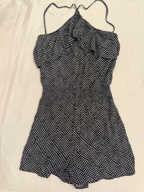 aerie Navy and White Polka Dot Halter Romper with Ruffle